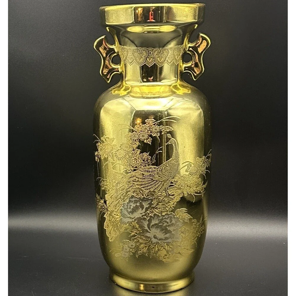 Vintage Japanese Gold Peacock Vase Chinoiserie Porcelain 11” Double Handle Japan